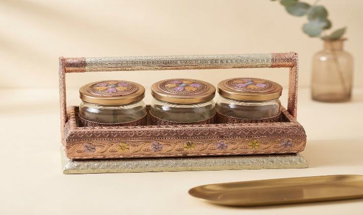 Rajputana Style Boxes 3-Jar Festive Gift Box (ND 95 3J HANDLE BASKET)
