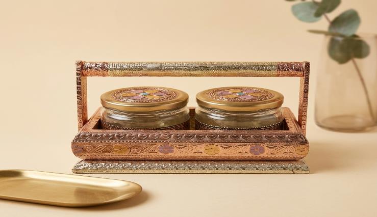 Rajputana Style Boxes 2-Jar Festive Gift Box (ND 95 2J HANDLE BASKET)