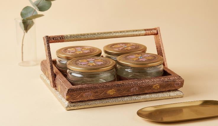Rajputana Style Boxes 4-Jar Festive Gift Box (ND 95 4J HANDLE BASKET)