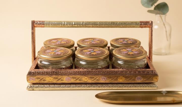 Rajputana Style Boxes 6-Jar Festive Gift Box (ND 95 6J HANDLE BASKET)