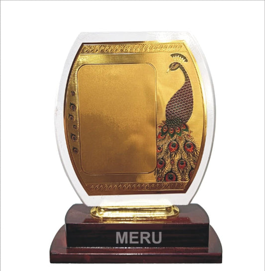 Personalized wooden memento trophy with gold peacock design; ideal for employee awards.