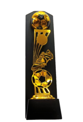Gold and black football trophy with a dynamic design.