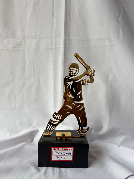Gold cricket batsman silhouette on a black base, perfect for sports trophies and cricket player recognition awards.
