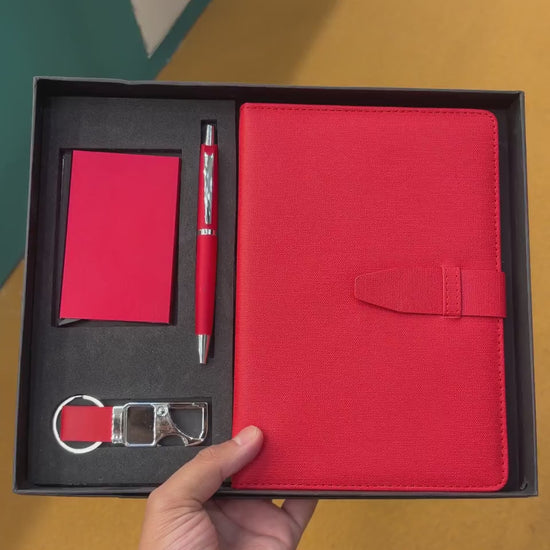 Textured Leather Diary, Pen & Card Holder Set - Red