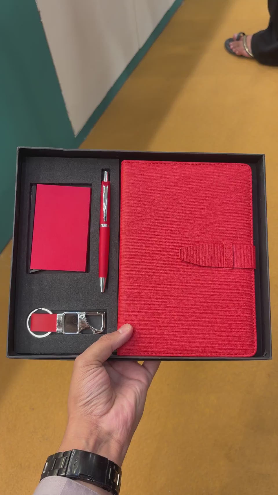Textured Leather Diary, Pen & Card Holder Set - Red