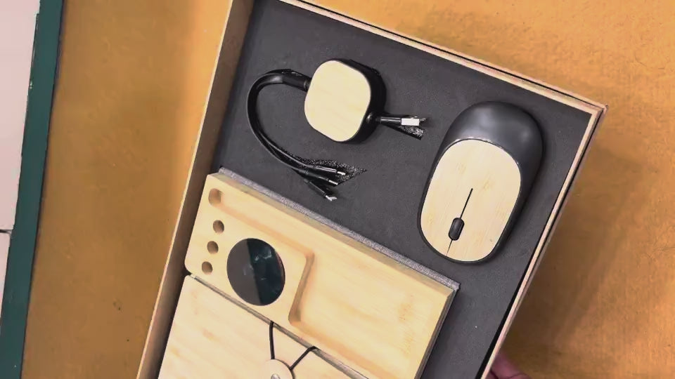 Bamboo Eco Desk Gift Set — Bottle, Notebook, Wireless Mouse & Charger