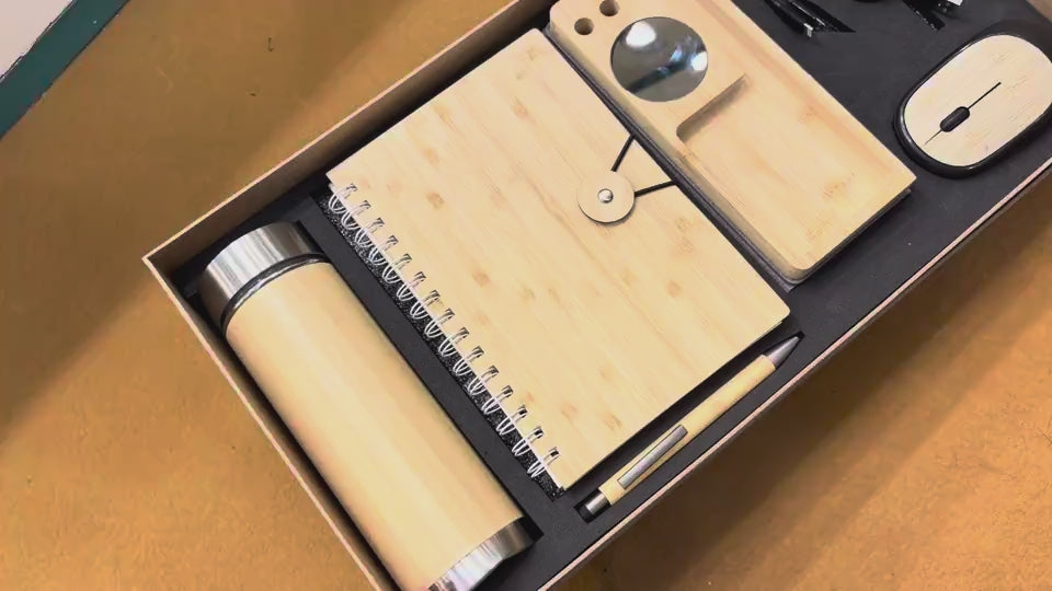 Bamboo Eco Desk Gift Set — Bottle, Notebook, Wireless Mouse & Charger
