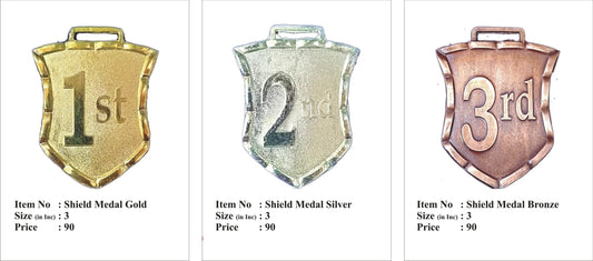 Gold; silver; and bronze shield medals for awards and recognition.