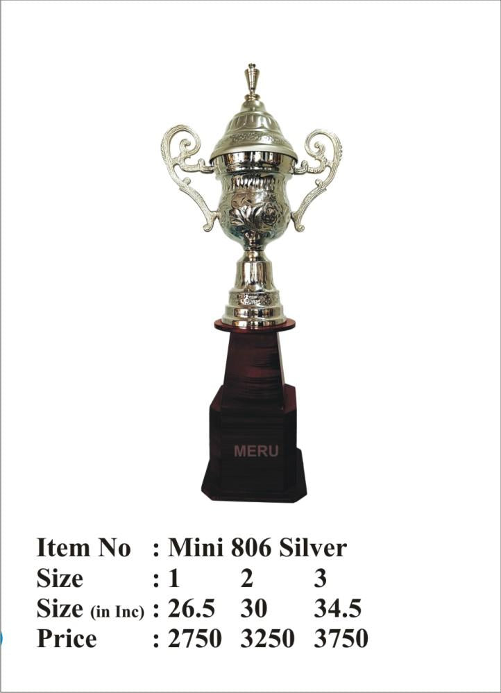 Silver metal trophy with a dark wood base; perfect for sports awards and recognition.