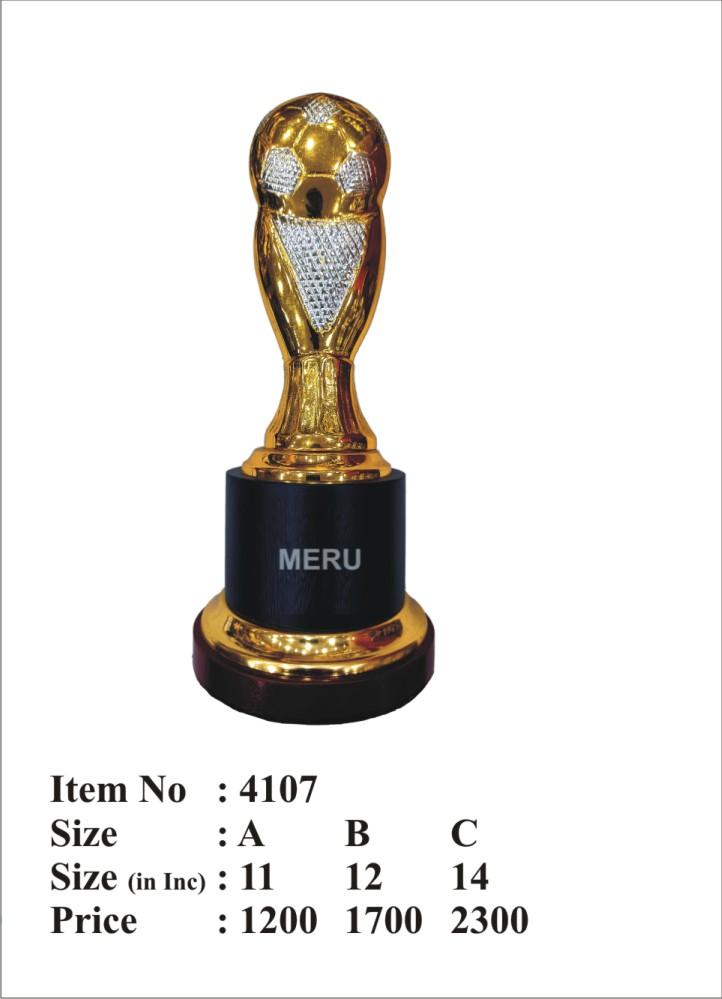 Gold soccer ball metal trophy; ideal for sports awards and recognition.