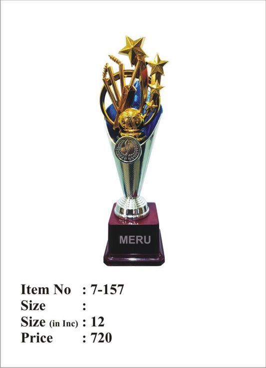 Gold and silver sports trophy with cricket bat; ball; guitar; and stars.