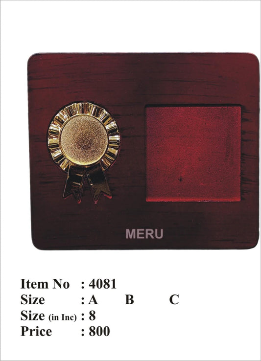 Elegant wooden memento trophy with gold foil medal design; perfect for employee recognition.