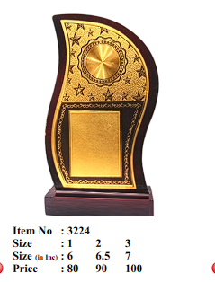 Custom wooden trophy with gold plate; ideal for awards and recognition.