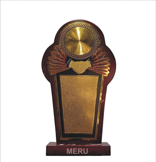 Elegant wooden memento trophy with gold accents; perfect for corporate recognition.