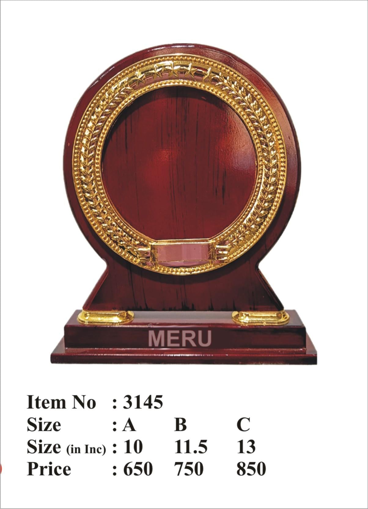 Elegant wooden memento trophy with gold border; perfect for corporate awards.