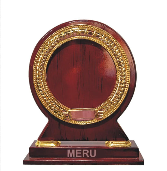 Elegant wooden memento trophy with gold border; perfect for corporate awards.