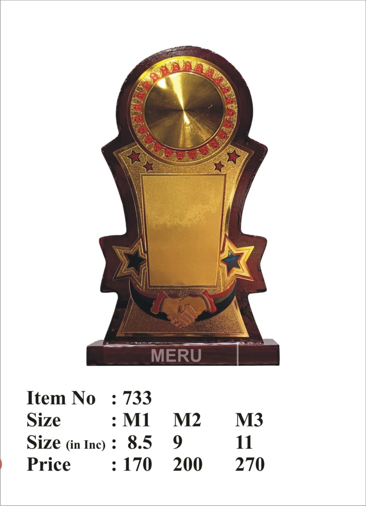 Elegant wooden custom trophy with gold plate and handshake symbol.