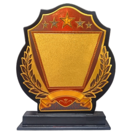 Elegant wooden memento award with gold plate and laurel wreath; ideal for employee recognition.