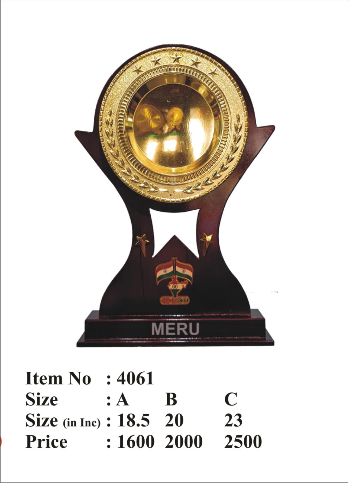 Close-up of a custom wooden memento award trophy with gold accents.