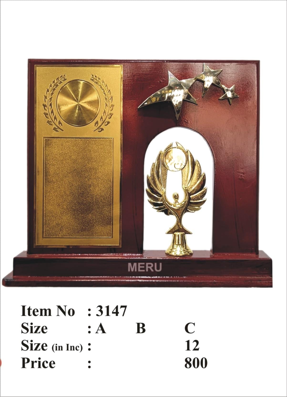 Elegant wooden trophy with golden accents; ideal for corporate awards.