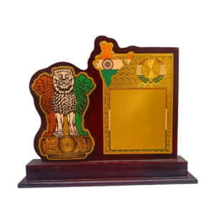 Wooden memento trophy with the Lion Capital of Ashoka; perfect for awards and recognition.