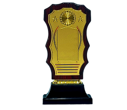 Elegant wooden recognition award trophy with gold plate and stars.