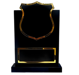 Elegant wooden memento trophy with gold accents; perfect for corporate awards and employee recognition.